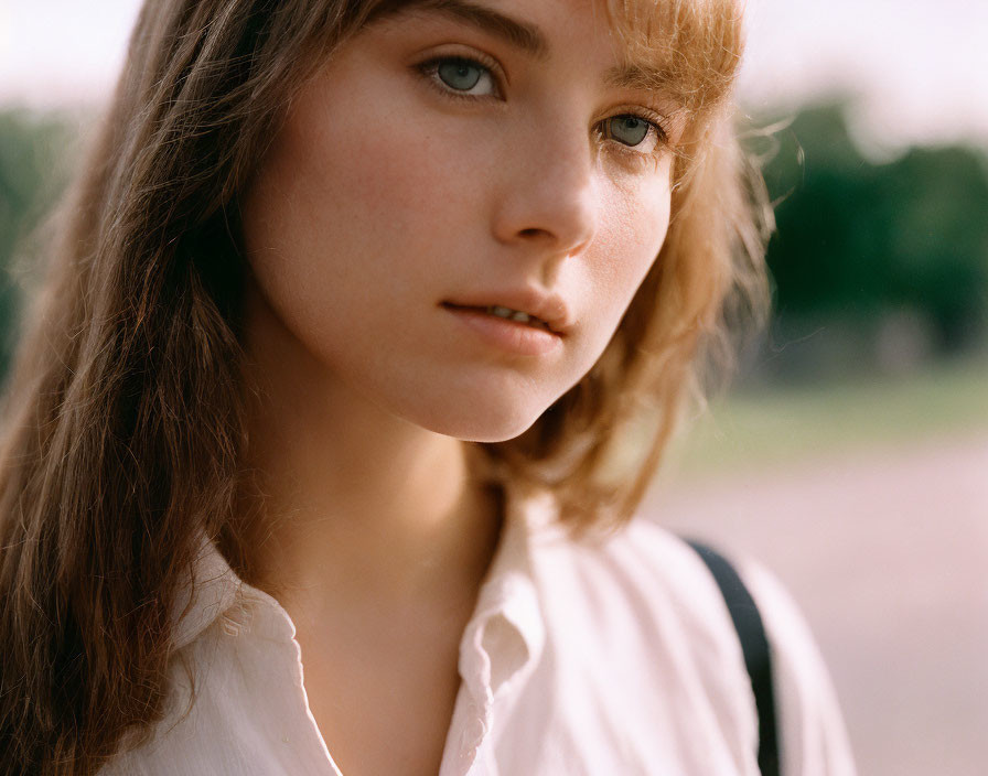 Young woman with wavy hair in white blouse, gazing outdoors