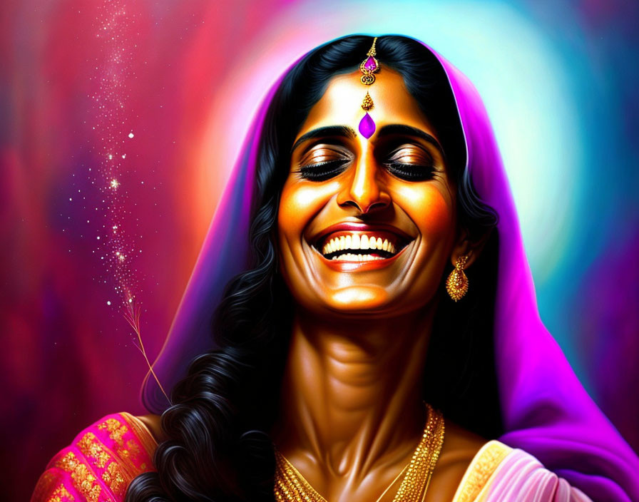 Colorful Illustration of Smiling Woman in Traditional Indian Attire