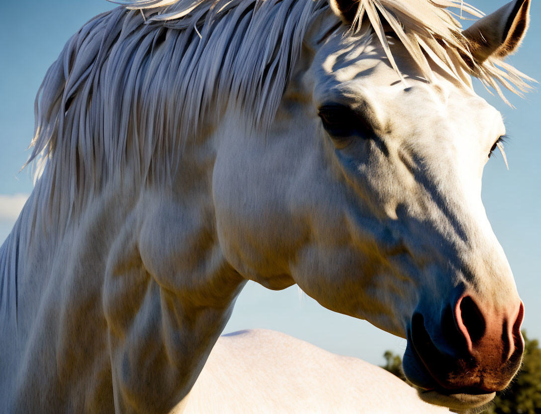 White Horse Head with Flowing Mane Against Blue Sky