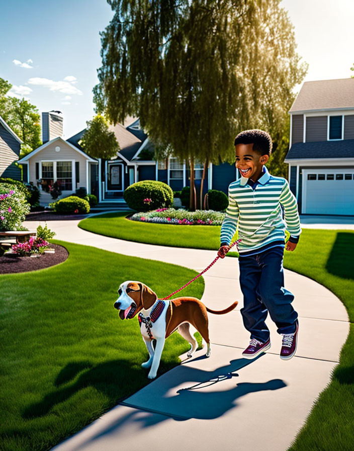 Boy walking beagle in sunny suburban neighborhood