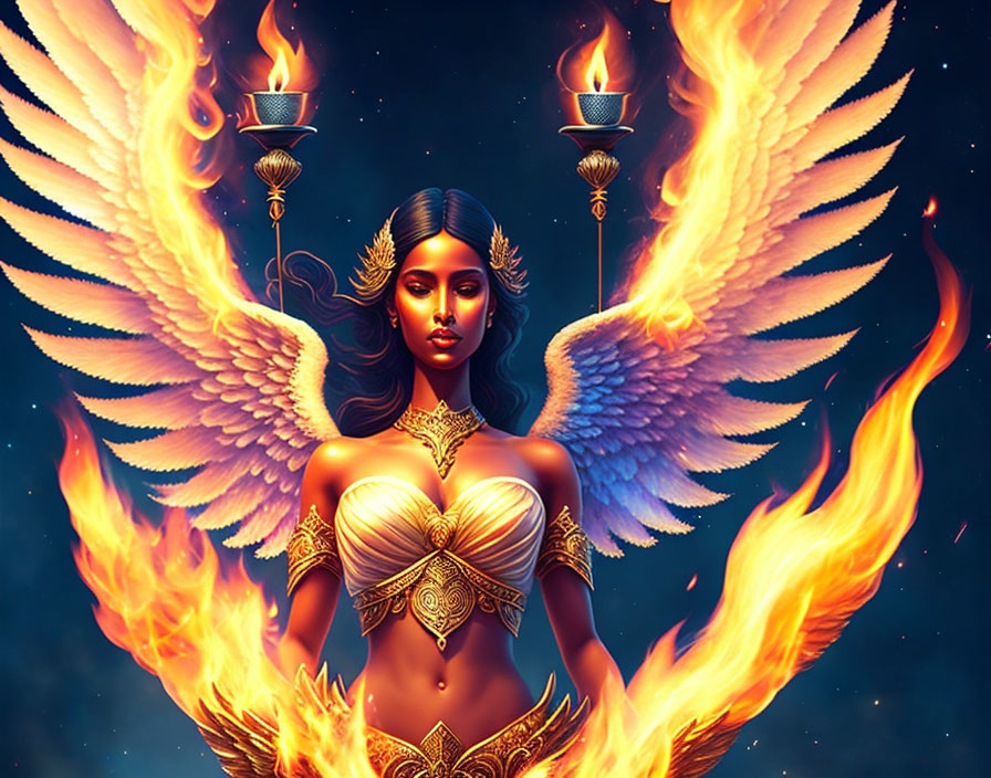 Fantastical winged woman in golden armor with flaming torches on starry night.