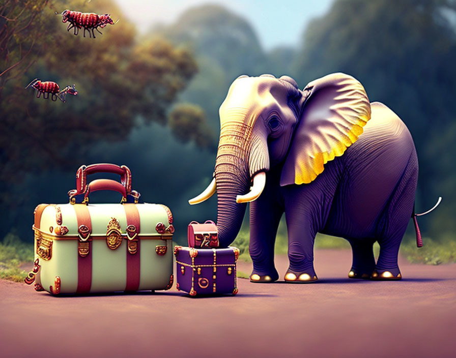 Elephant with stacked luggage and flying ants in whimsical forest.