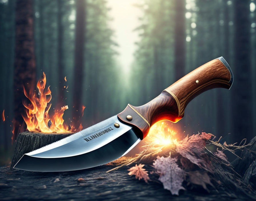 Wooden-handled hunting knife embedded in log with sparks and flames in forest setting