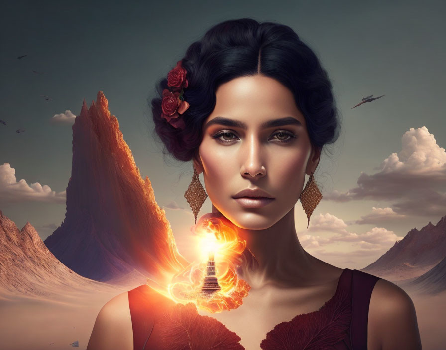 Dark-haired woman with floral hair accessories, earrings, surreal lighthouse, mountains, and flying birds.