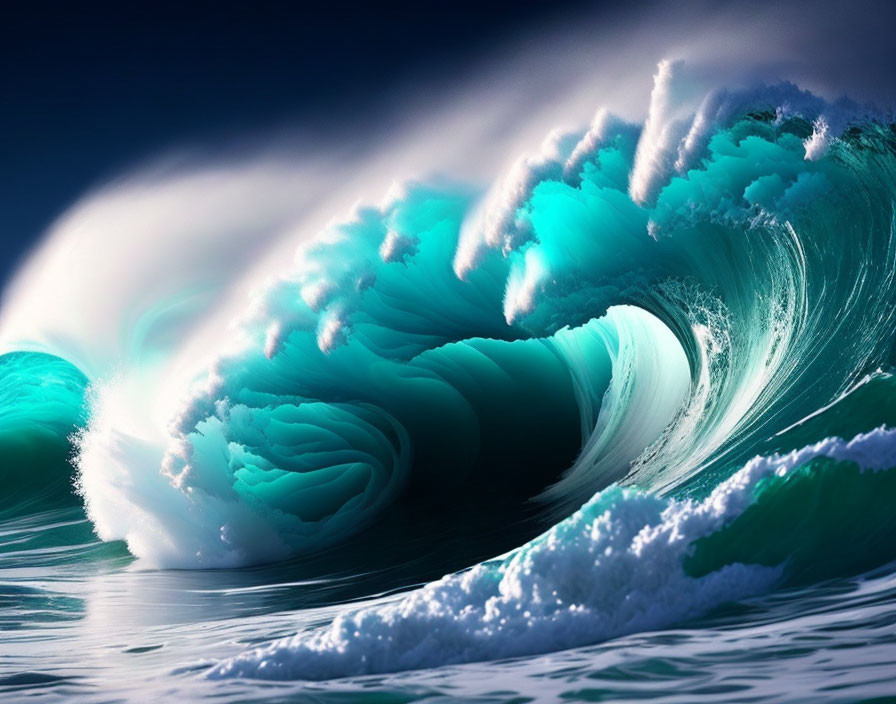 Dramatic towering wave with vibrant turquoise body against deep blue ocean