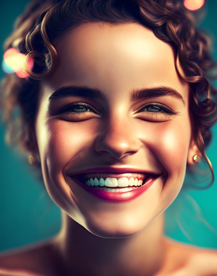 Smiling woman portrait with curly hair on teal background