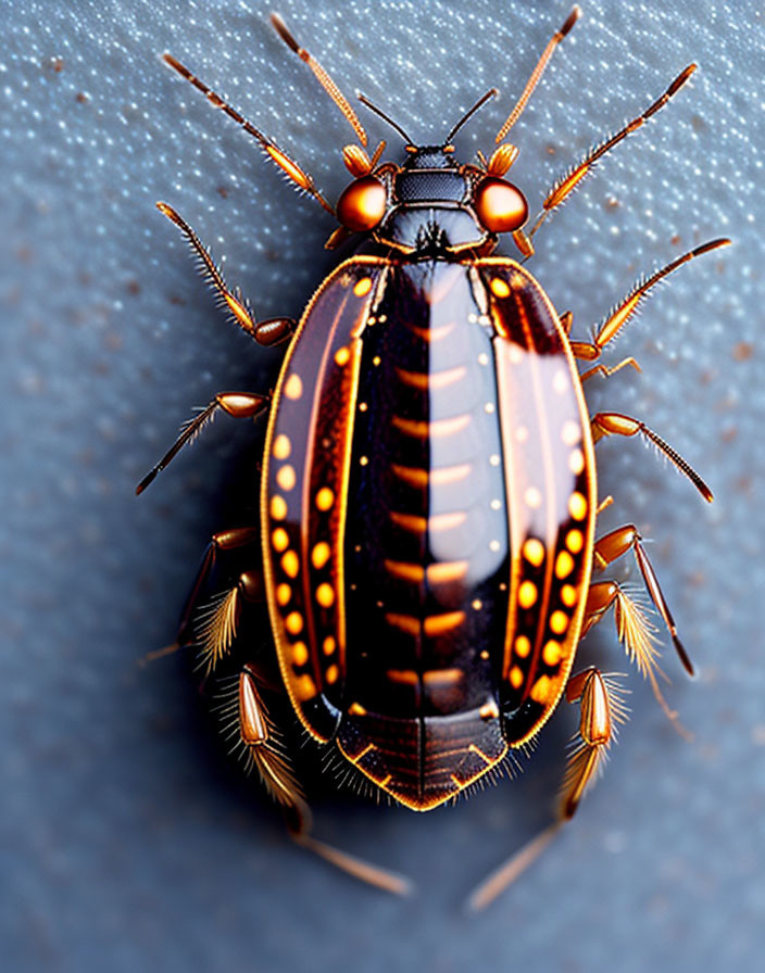 Intricately patterned orange and black beetle on blue background