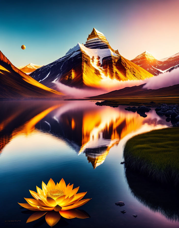 Surreal landscape with glowing lotus flower, mountain range, sunset, oversized moon