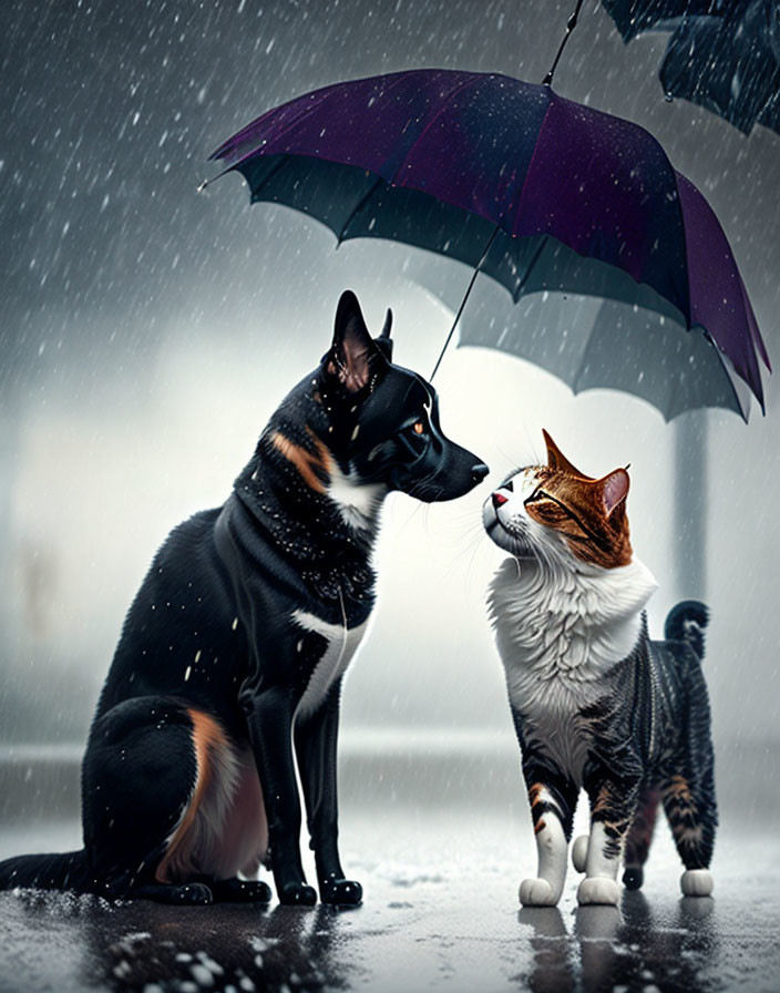 Dog holding umbrella over cat in rain with tender gaze