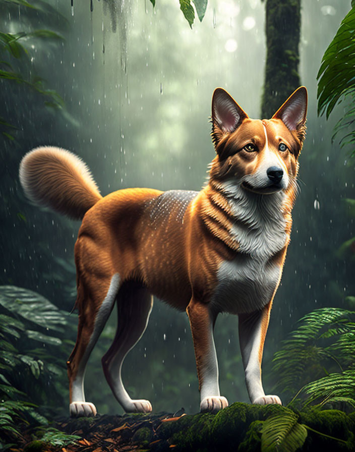 Brown and White Dog in Lush Forest with Raindrops