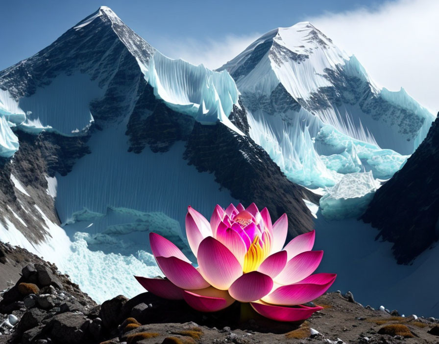 Pink Lotus Flower Blooming Against Blue Mountains