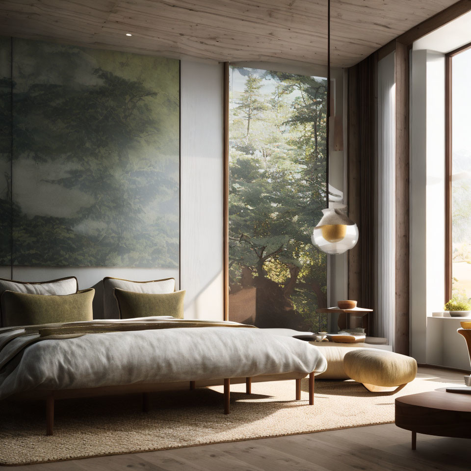 Modern bedroom with forest view, wooden walls, art piece, plush bed.