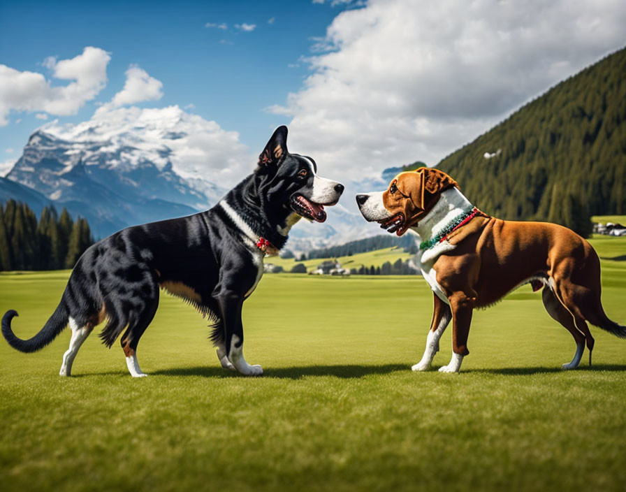 Two dogs in grassy field with mountains.