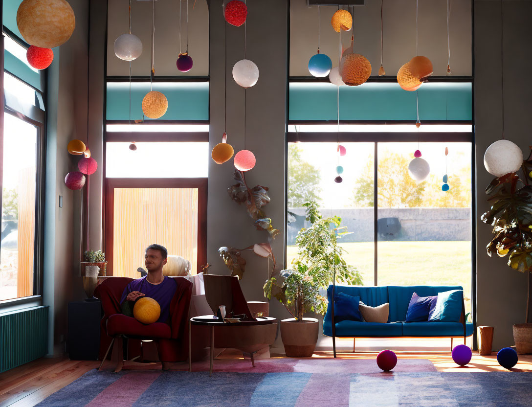 Modern Living Room with Colorful Lamps, Man on Red Armchair, Large Windows, Warm Sun