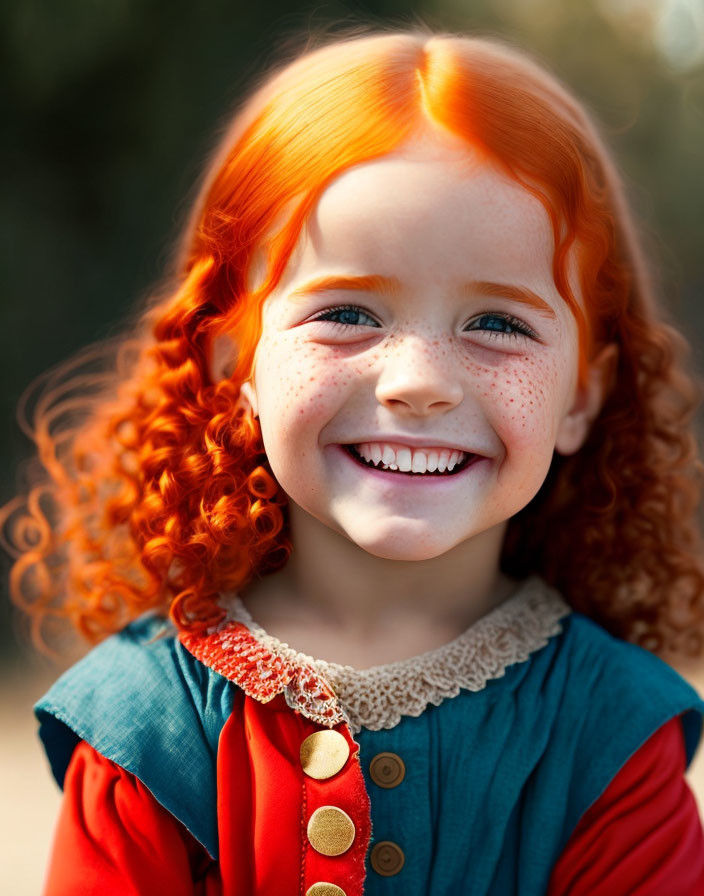 Young girl with red curly hair and freckles in colorful outfit outdoors