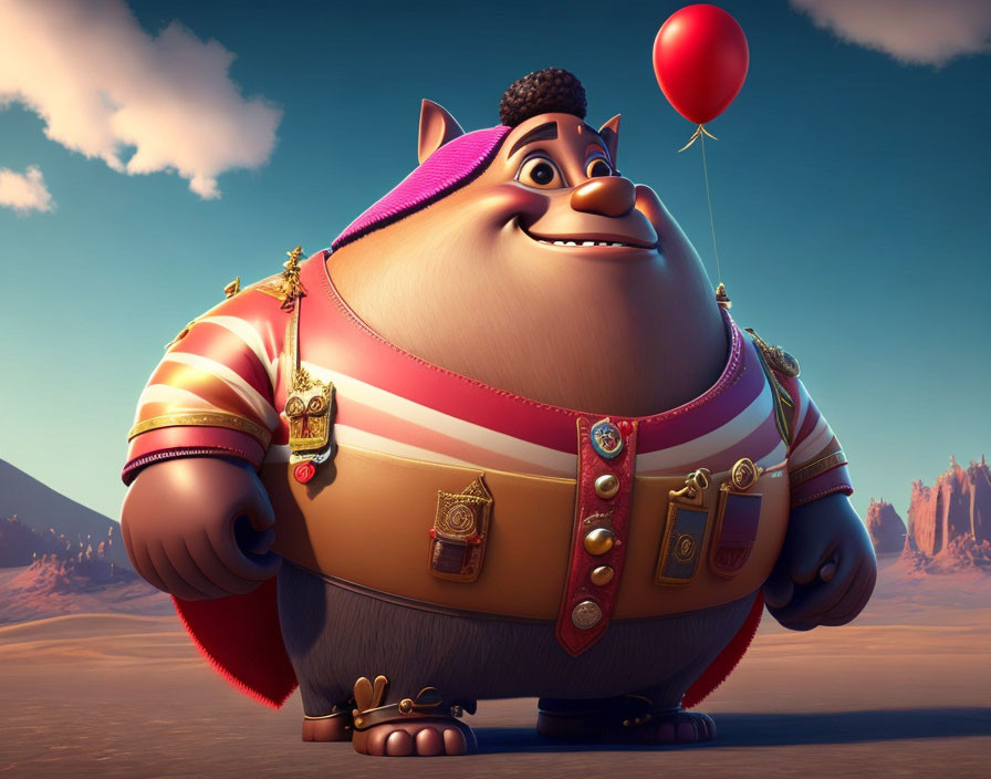 Colorful Animated Character with Red Balloon in Striped Outfit Against Desert Backdrop