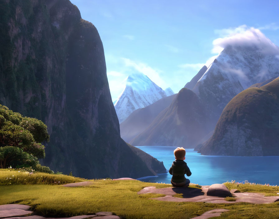 Child sitting on grassy edge by serene fjord and mountains