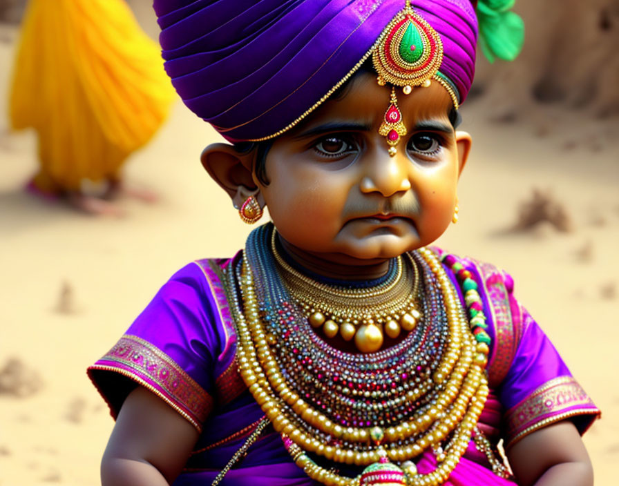 Young child in Indian attire with purple turban and jewelry in serious pose