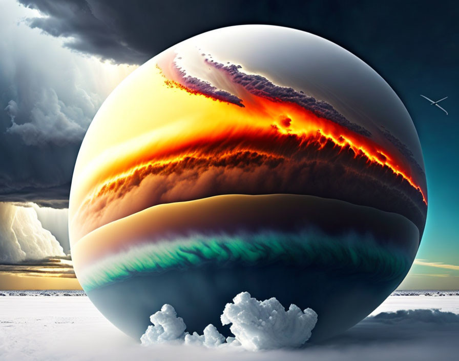 Surreal landscape with giant reflective orb and distorted sky view