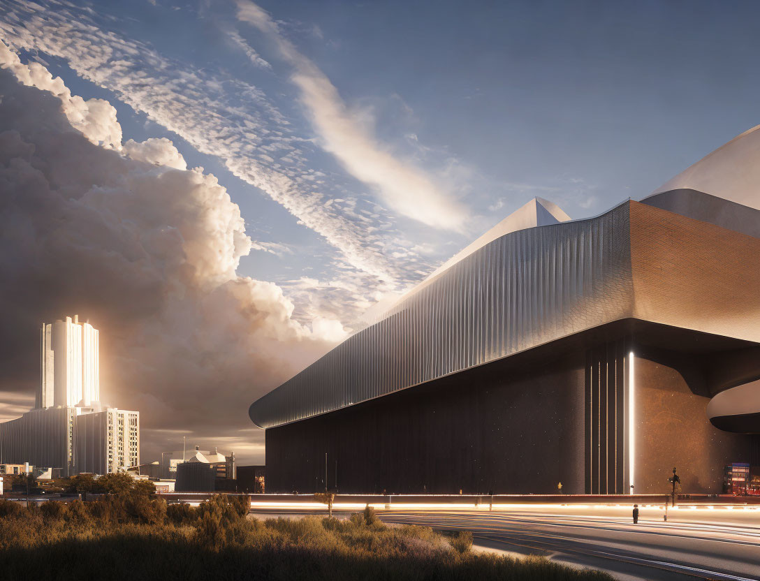 Sleek modern building at dusk with city skyline, dramatic clouds, and traffic streaks