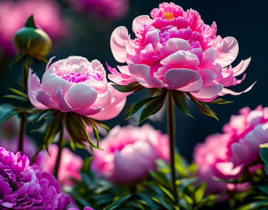 Pink peonies in full bloom with delicate petals and soft backlighting