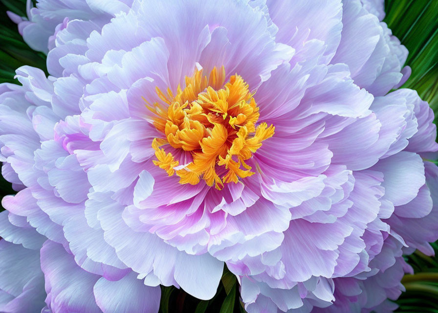 Close-up of lush pink peony with golden-yellow stamens