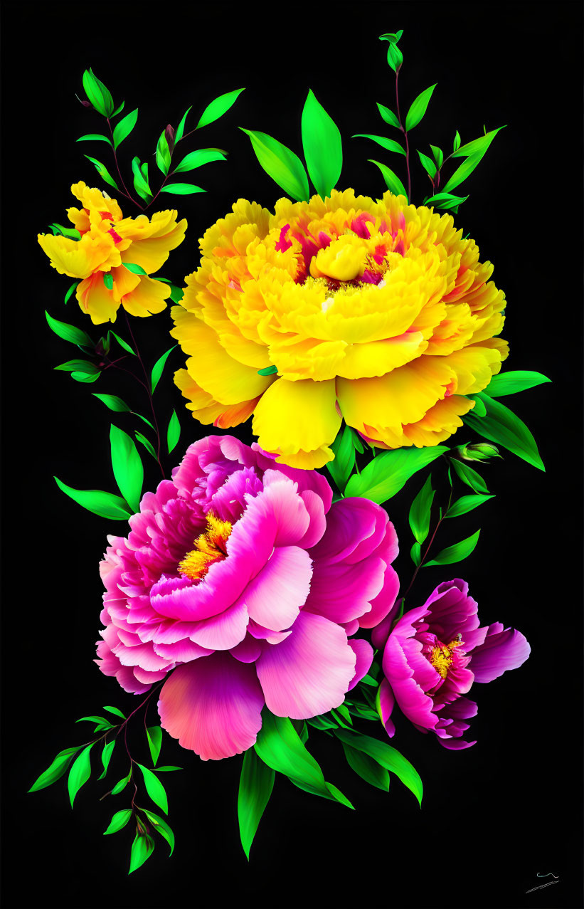 Colorful Digital Artwork: Yellow and Pink Peony Flowers on Black Background