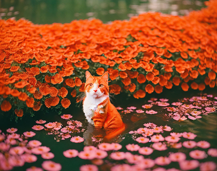 Orange Cat in Water Surrounded by Pink and Red Flowers