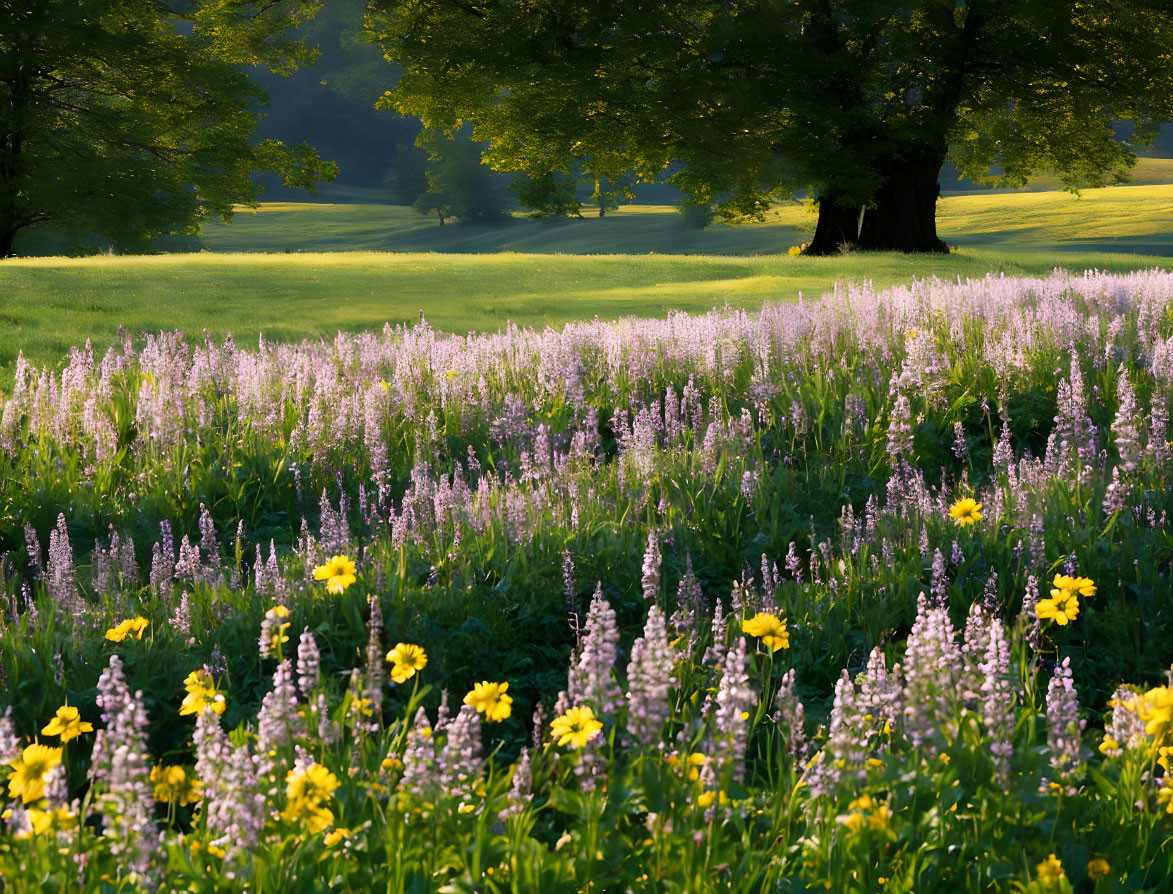 Tranquil meadow with tall purple and yellow flowers at sunrise