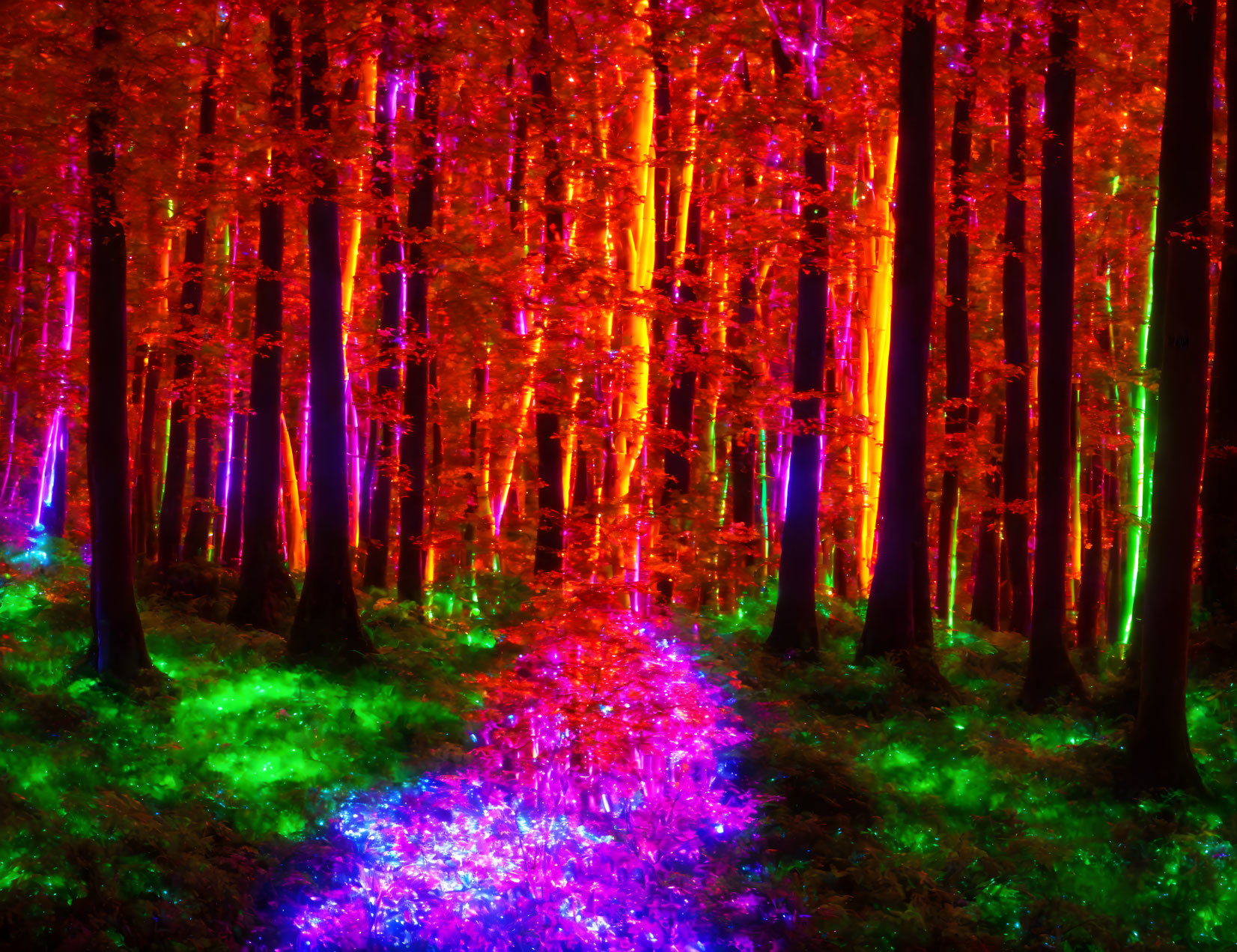 Psychedelic Neon Colors Illuminate Vibrant Forest