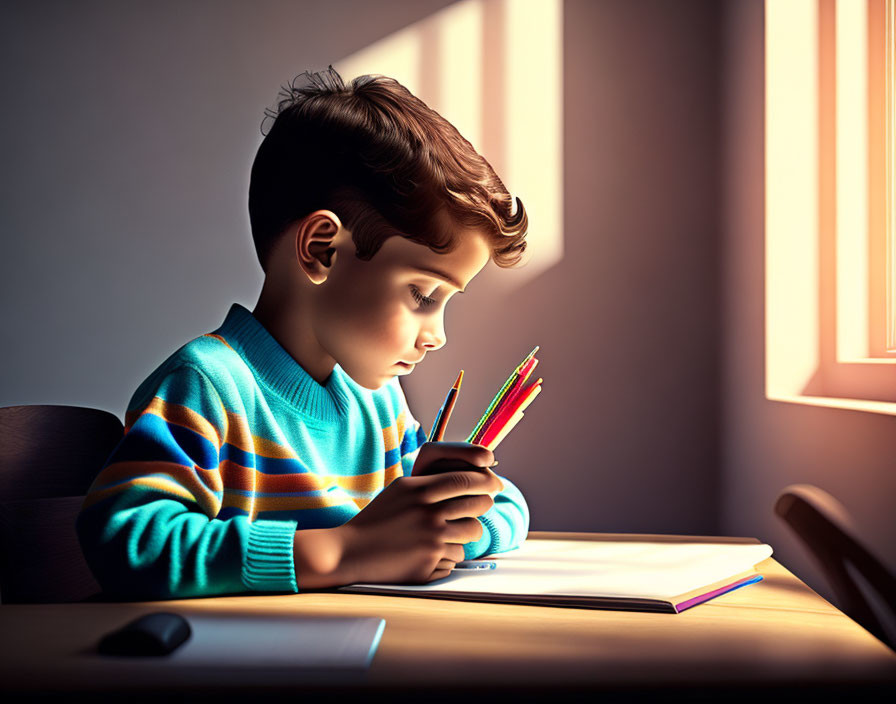 Young boy in striped sweater writing in notebook with colored pencils under warm sunlight