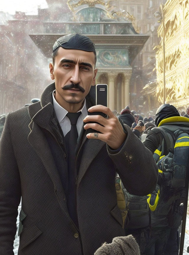 Mustachioed man in coat takes selfie on snow-dusted city street with firefighter in background