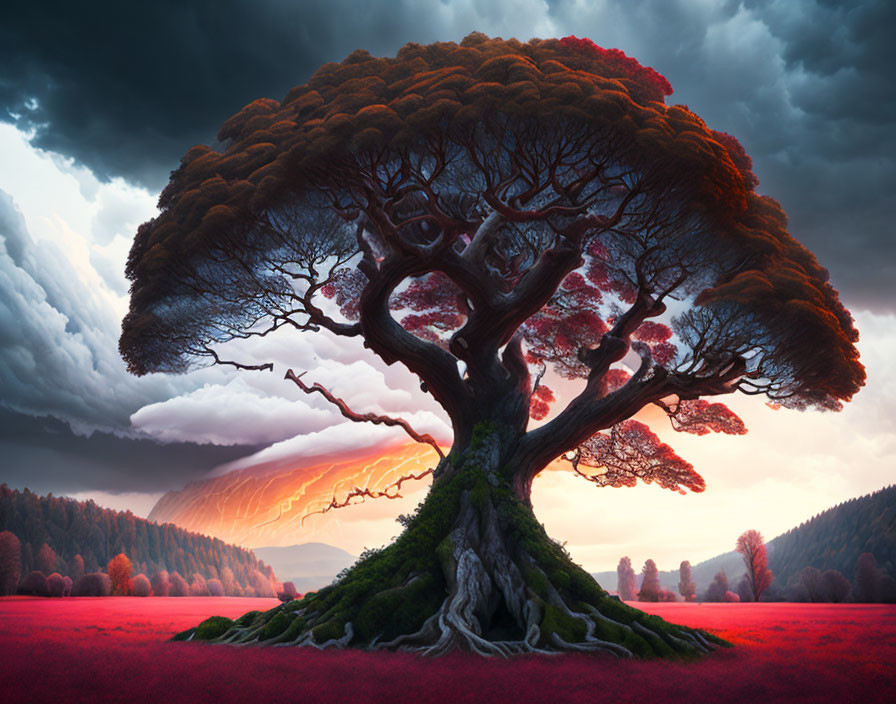 Dramatic red tree with dense canopy in crimson field under sunlight