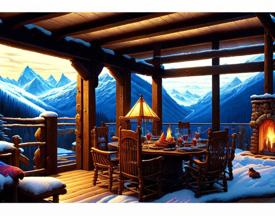 Rustic cabin porch with mountain view, fireplace, and lamp at dusk