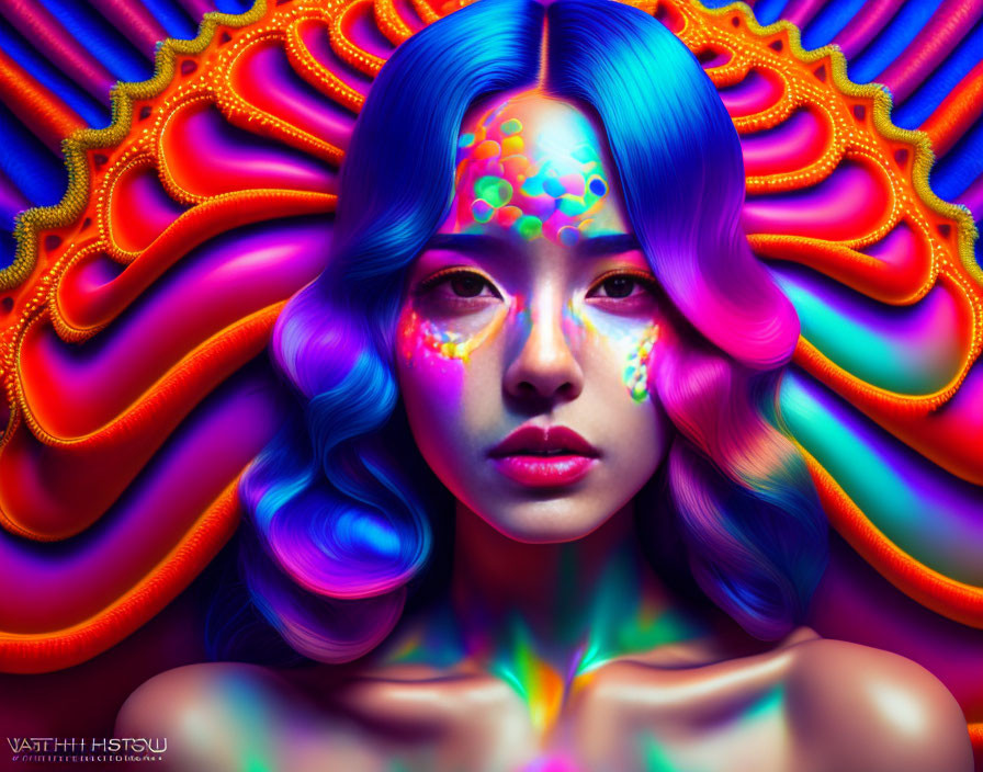 Colorful digital portrait of a woman with blue hair and psychedelic background