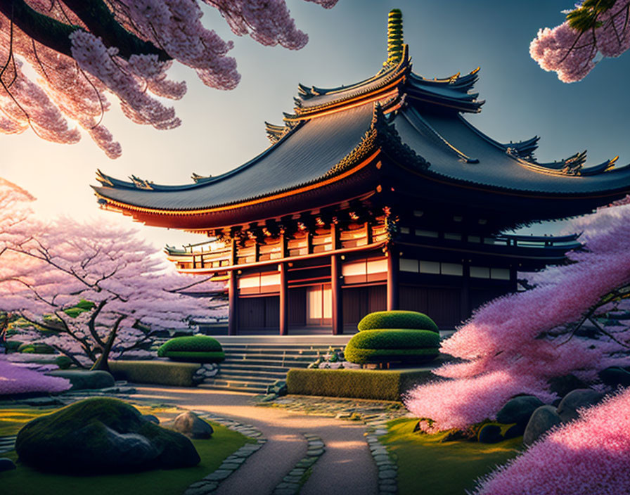 Japanese Temple with Cherry Blossoms in Tranquil Dusk Garden