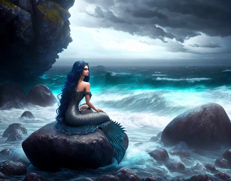 Blue-haired mermaid sitting on rock by stormy sea with reflective tail