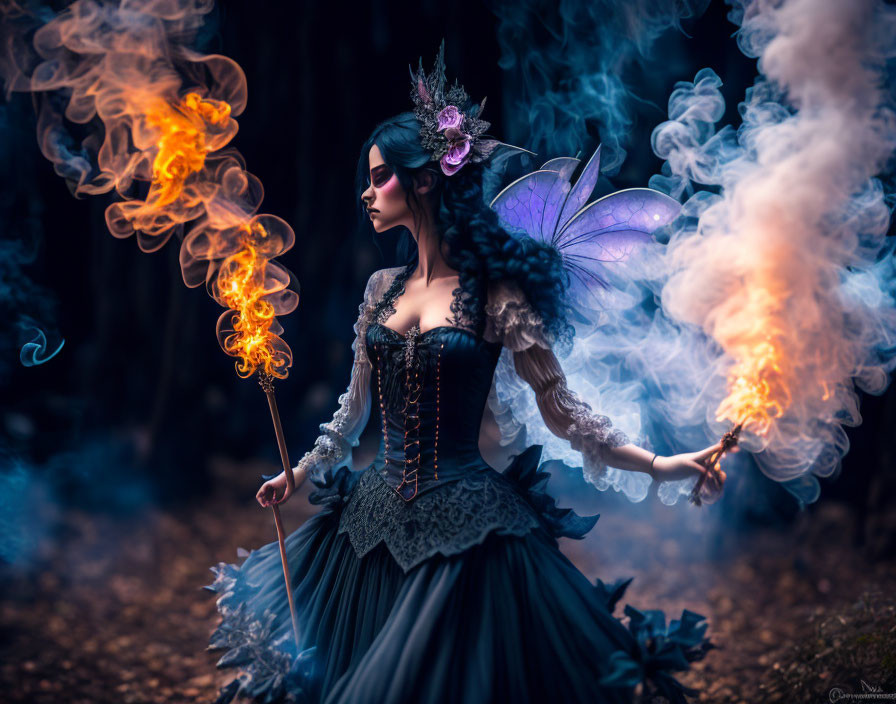 Woman in fairy costume with intricate wings and corseted dress in forest with colorful smoke.