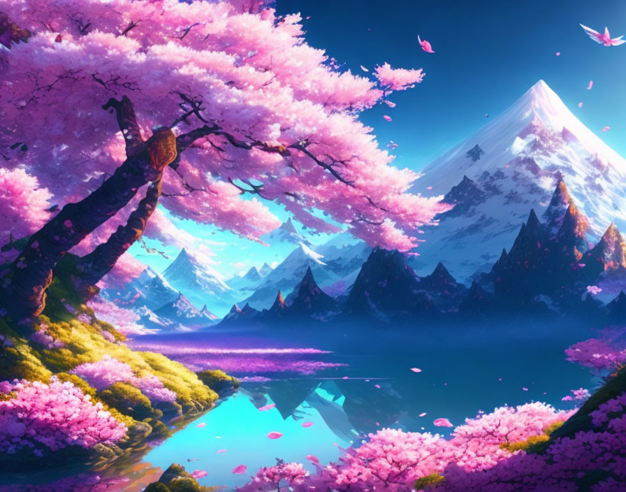 Scenic landscape with cherry blossoms, lake, mountains, birds, and pink sky