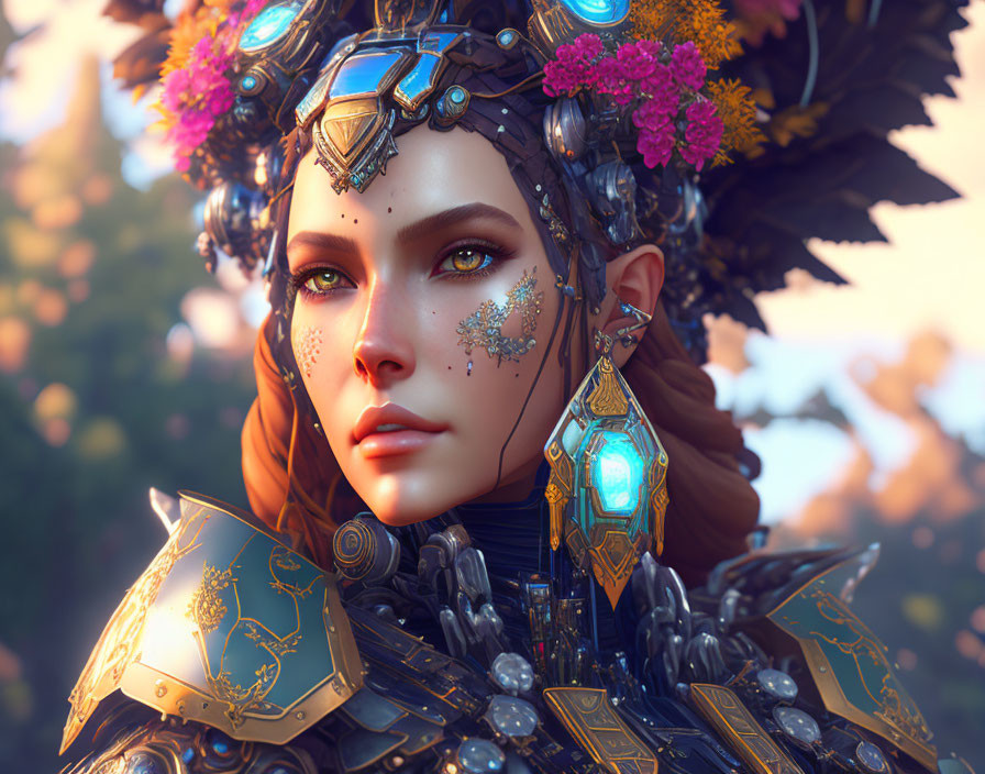 Digital art portrait of female character with braided hair, floral headdress, and gold-trimmed