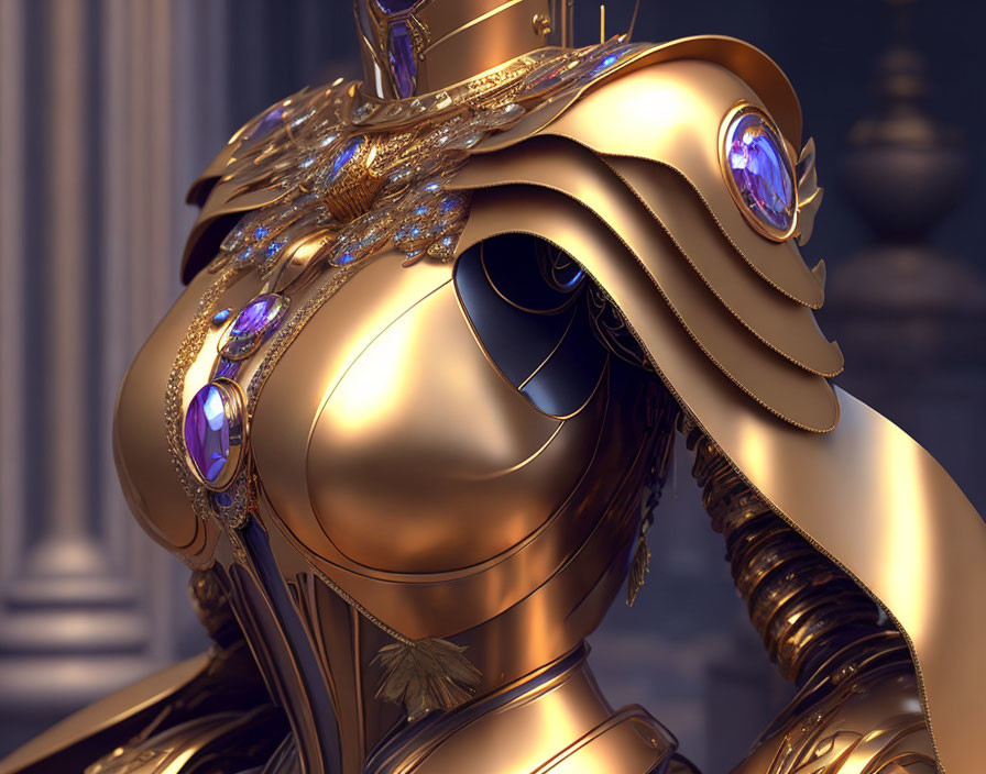 Gold-plated ornate robotic figure with purple gemstones.