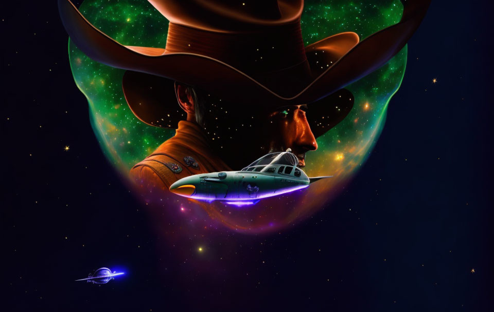 Cowboy silhouette in surreal space scene with nebulae and spacecraft