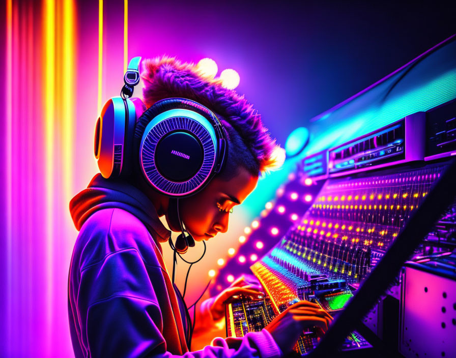 DJ mixing tracks on neon-lit soundboard with headphones in vibrant pink and blue lights