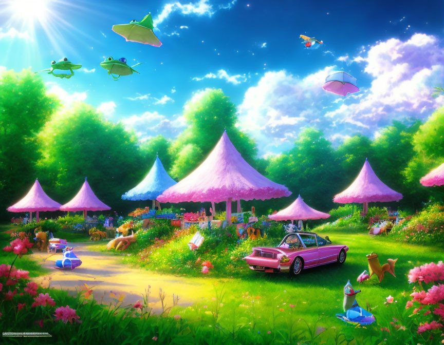 Vibrant Flora, Flying Umbrellas, Classic Car, Animals in Sunny Garden