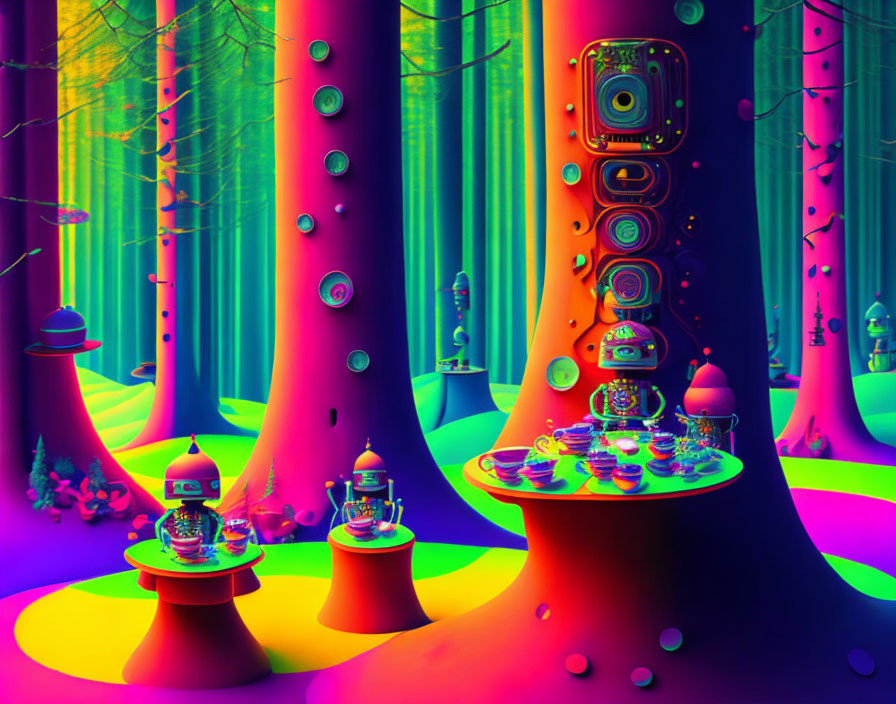 Colorful Psychedelic Forest with Neon Trees and Glowing Geometric Shapes