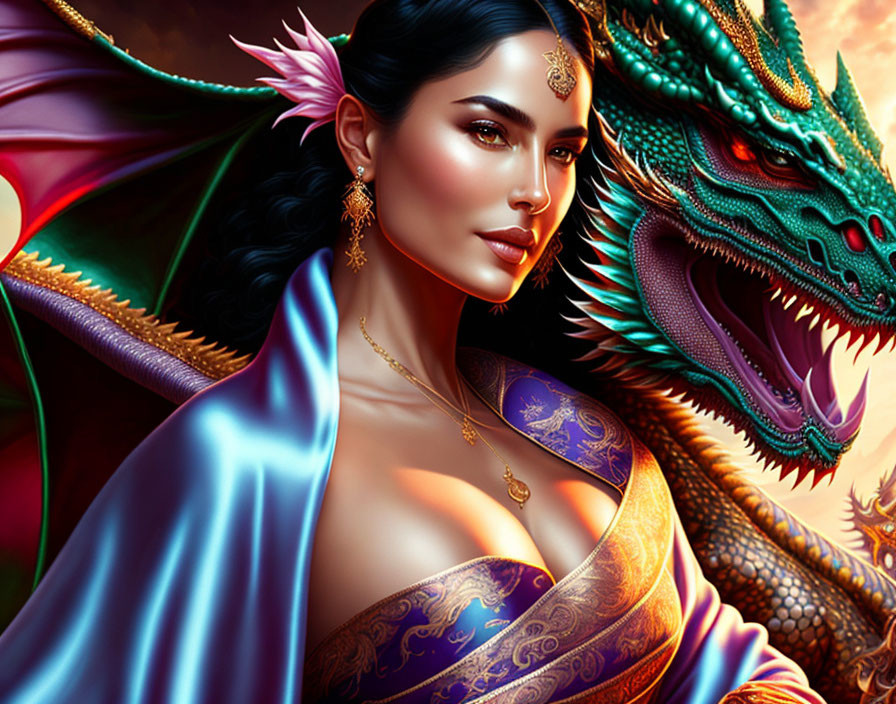 Vibrant digital artwork: woman with feather earring and green dragon