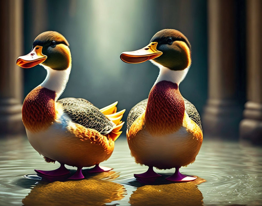 Digitally Rendered Anthropomorphic Ducks in Water with Classical Columns