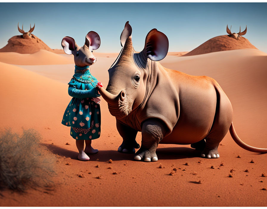 Stylized mouse and cartoon rhino in desert landscape