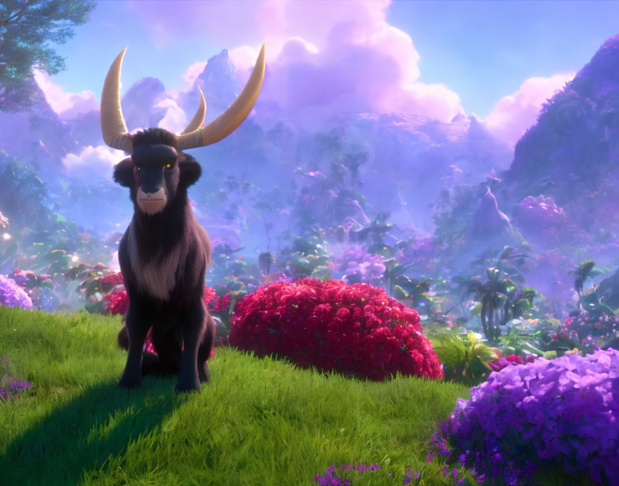 Majestic goat with prominent horns in vibrant fantasy landscape