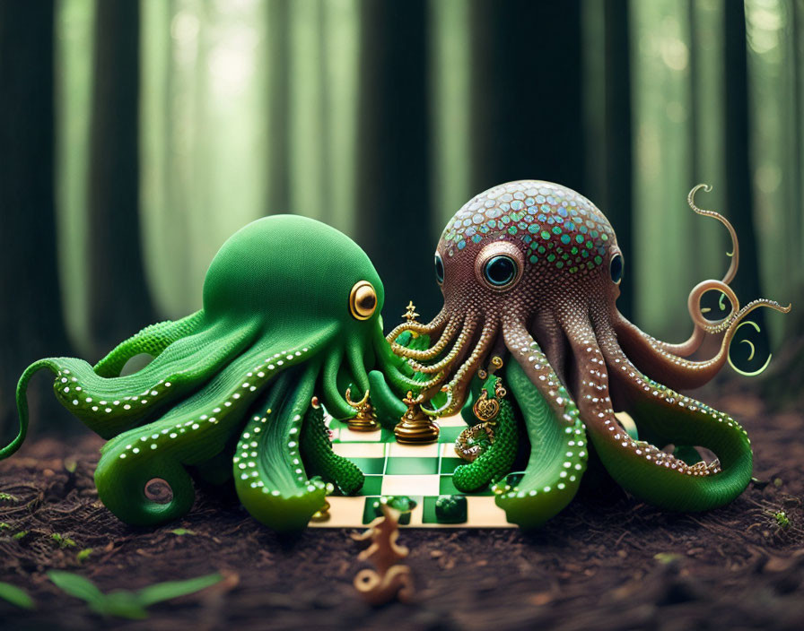 Stylized octopuses playing chess in mystical forest setting